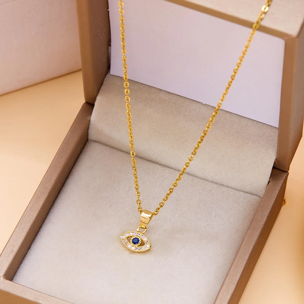 Turkish Lucky Eye Zircon Blue Crystal Gold Color Evil Eye Chain Bracelet Fashion Necklace Jewelry Accessories Gift For Women
