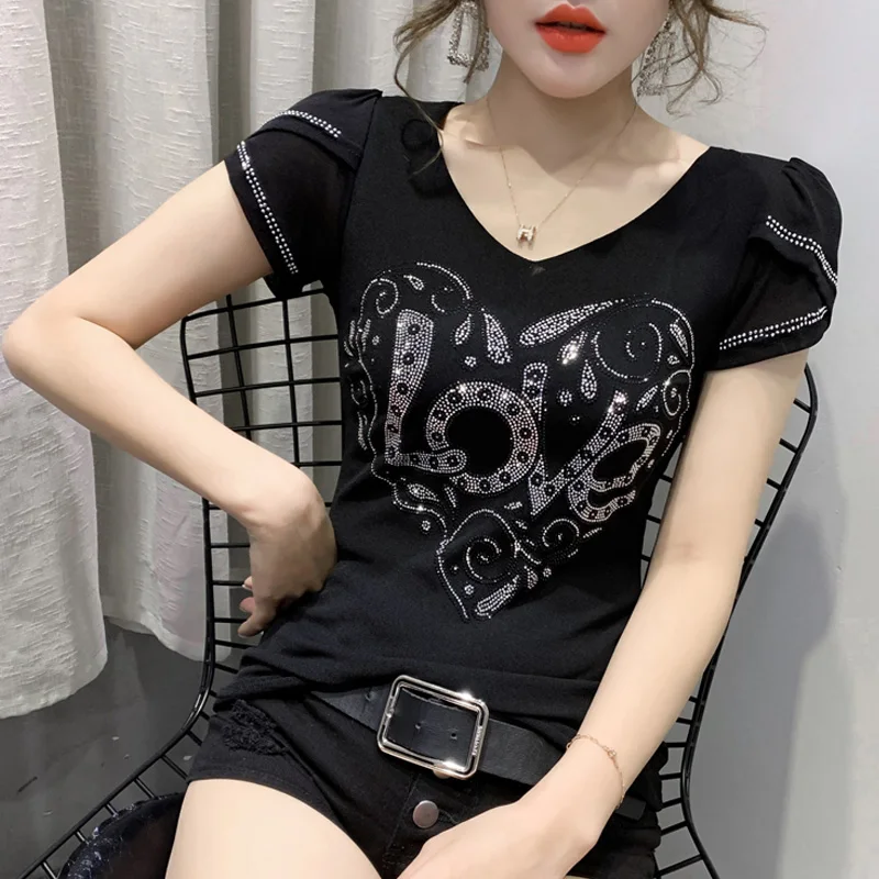 2023 Summer Girl T Shirt Cotton Diamonds Letters Love Heart V-neck Petal Sleeve Slim T-shirt Tops Casual Women Clothing Tees