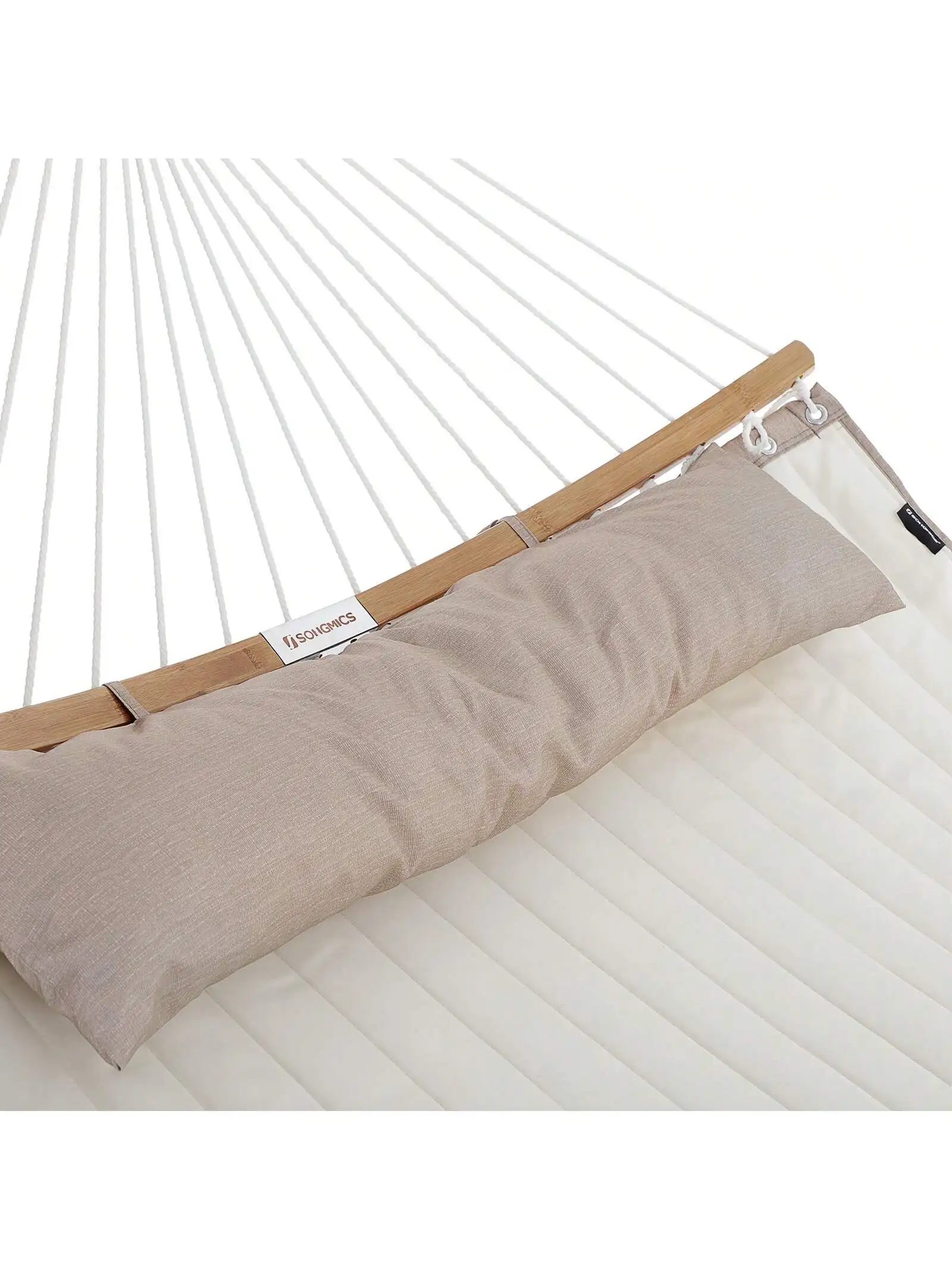 SONGMICS amaca doppia imbottita: barre di bambù curve rimovibili, amaca da campeggio con cuscino, 200x140cm, capacità 225kg, grigio/Beige.
