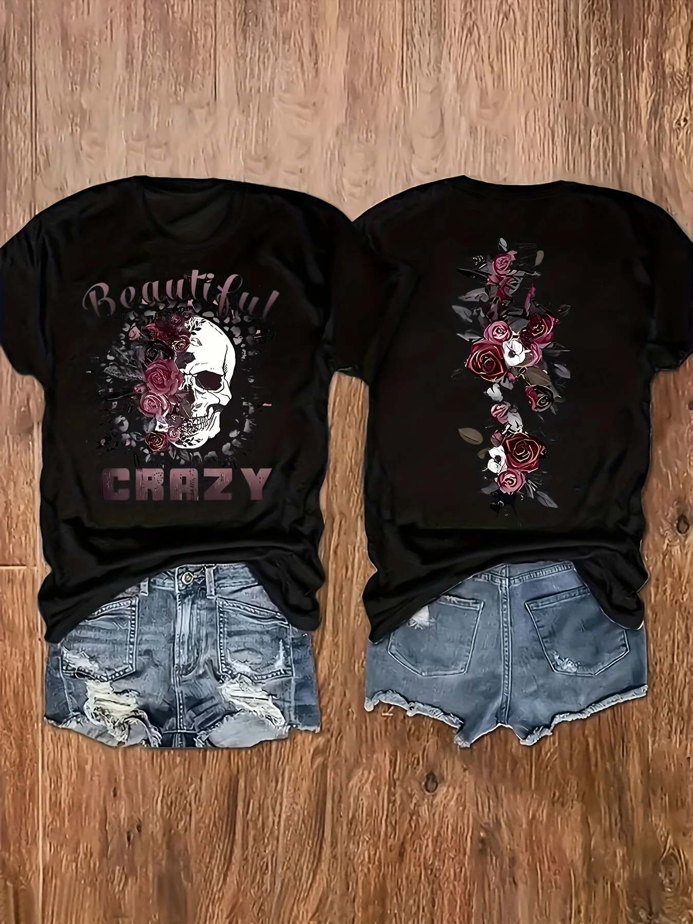 [Pattern Letter T-Shirt] Ladies Pattern Letter T-Shirt - Stretch, Machine Wash, Crew Neck, Short Sleeve - Stylish Black Top, Loose Version, See Size Chart
