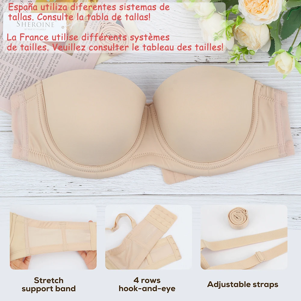 Sheroine Plus Size Strapless Push Up Bra, Underwire Multiway Full Coverage Lightly Padded Bras for Large Breasts Support Comfort