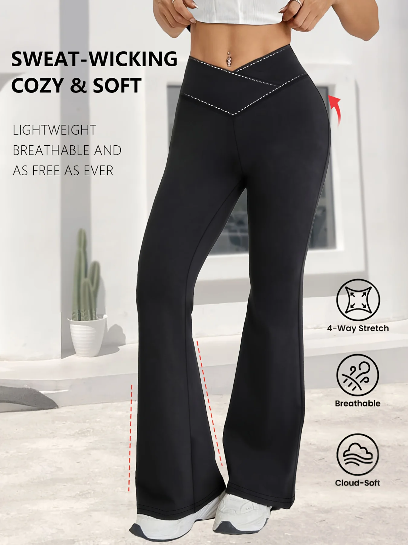 Spring Black Leggings High Waist Stretch Wide Leg Pants Slightly Flared Hems Cross Waist Design For Casual Sports Long Trousers image 5