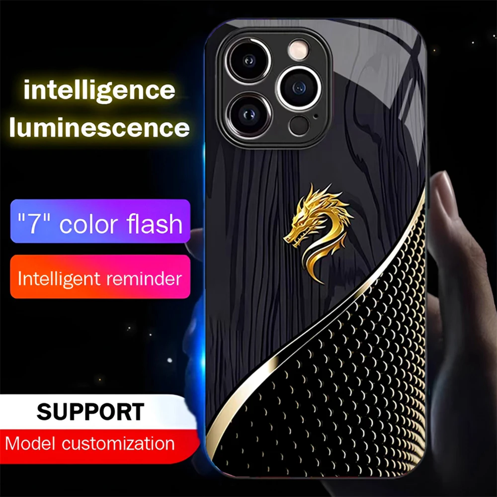 

Luxury Black Golden Dragon Grain Sound Control LED Flash Cases Luminous Glass Cover For iPhone Air 17 16 15 14 13 12 11 Pro Max