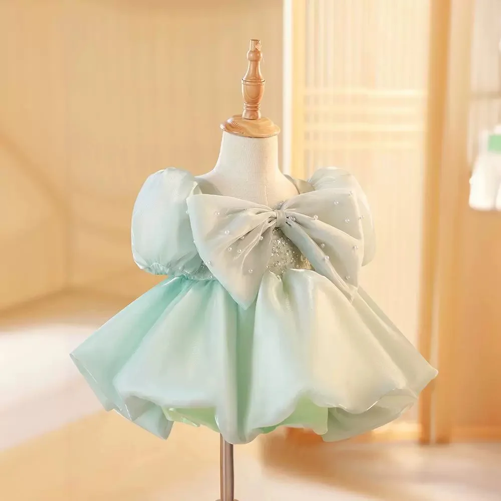 Mint Puffy Baby Girl Dress Pearls Big Bow Girls Prom Dance Pageant Gown Special Occasion Toddler Outfit