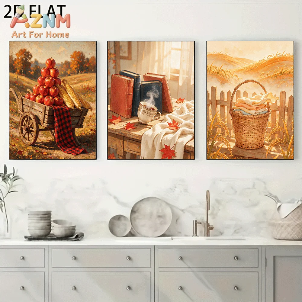 AZNM Frameless Canvas Wall Art, Vintage Fall Harvest Apple Book Coffee Print, Cozy Autumn Countryside Rural Scenery Wall Decor f