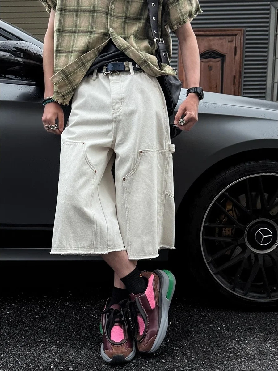 

American Retro Rivet Splicing White Seven-Foot Pants Men Summer Loose Design Sensation Logging Straight Leg Jeans