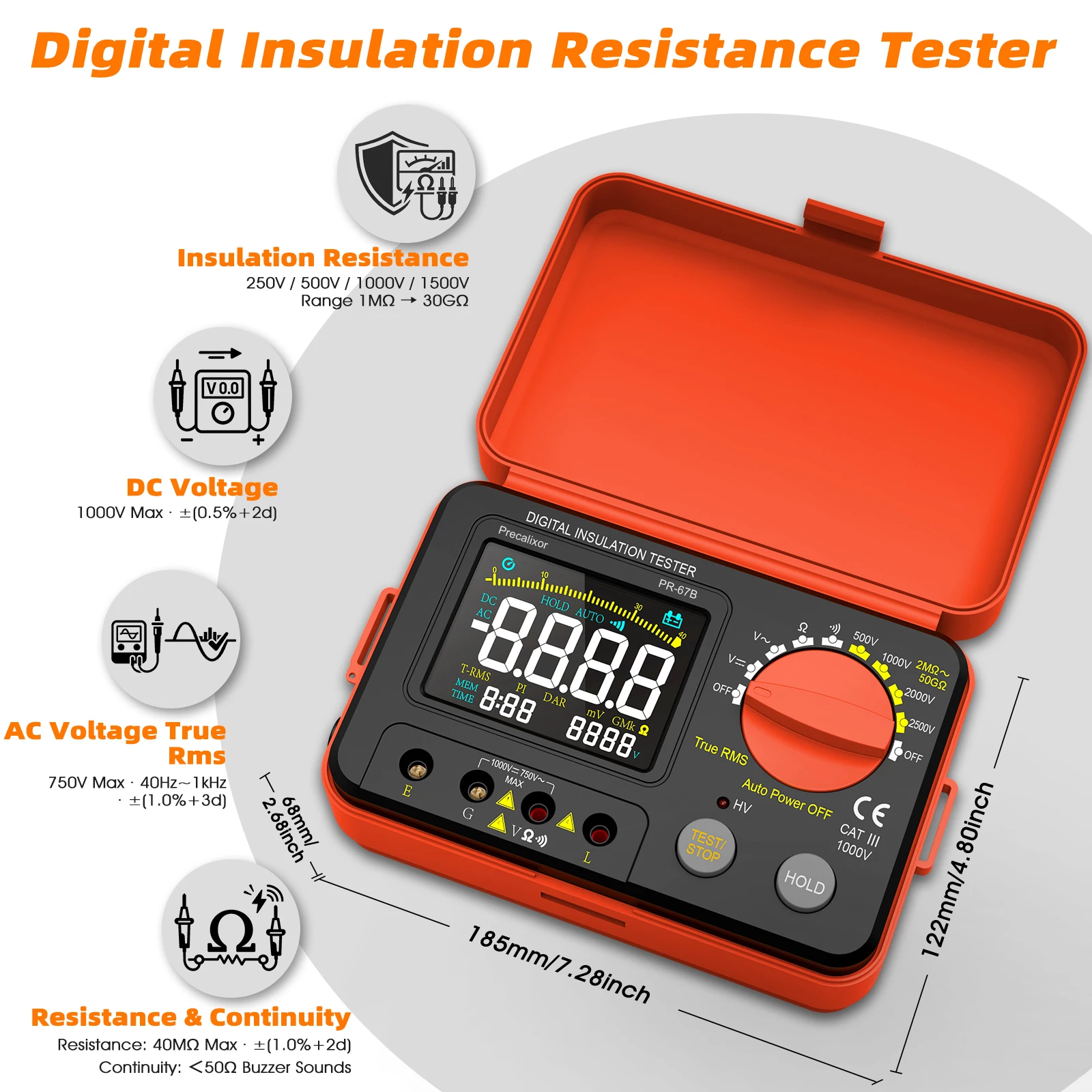 HoldPeak 67B Insulation Tester 500V-2500V 50GΩ VA Color Screen 4000 Counts True RMS PI/DAR Auto Power Off
