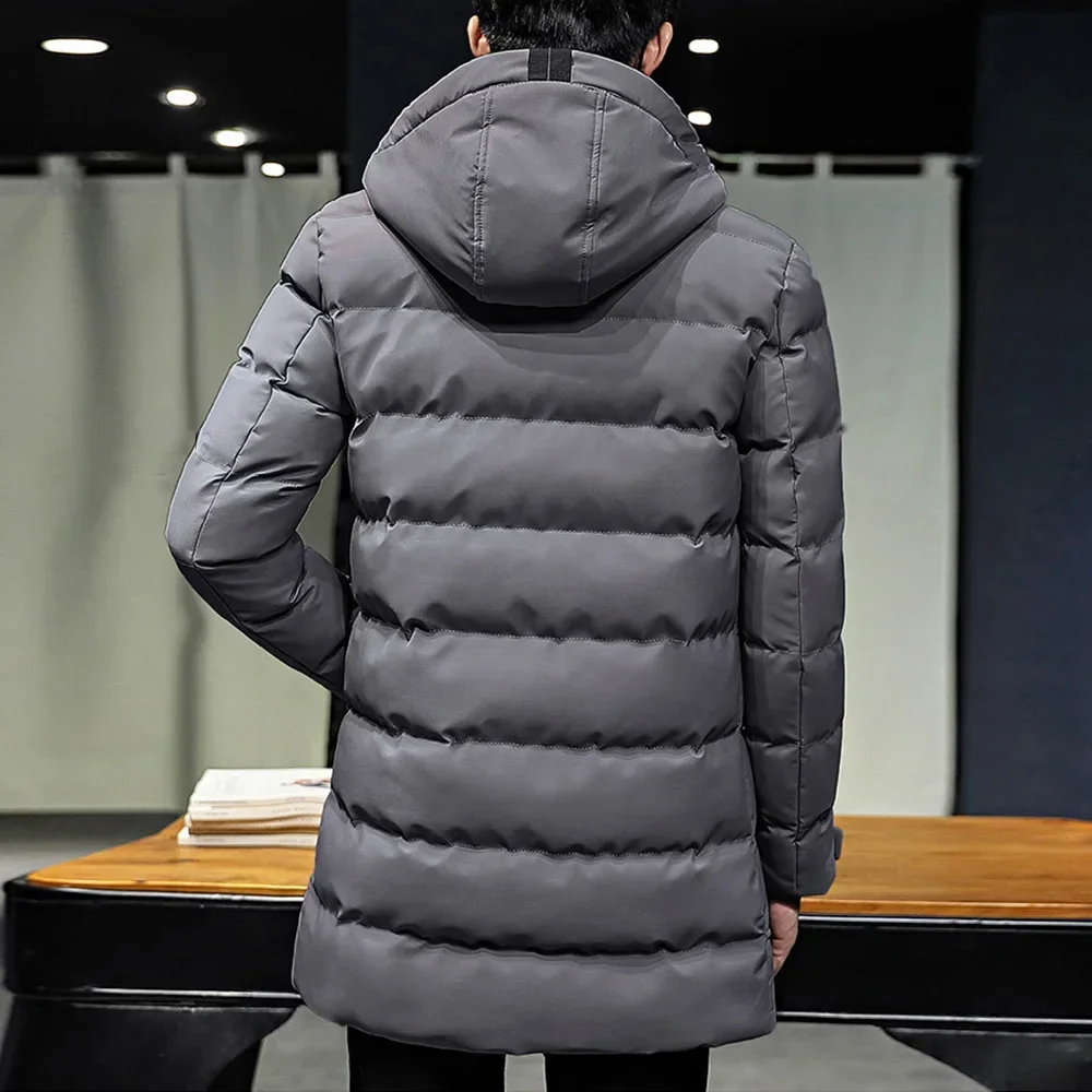 Winter High Quality Men Casual Fashion Solid Color Slim Hooded Zip Long Thick Warm Coat Overcoat Thick Hat Fashion Down Jacket