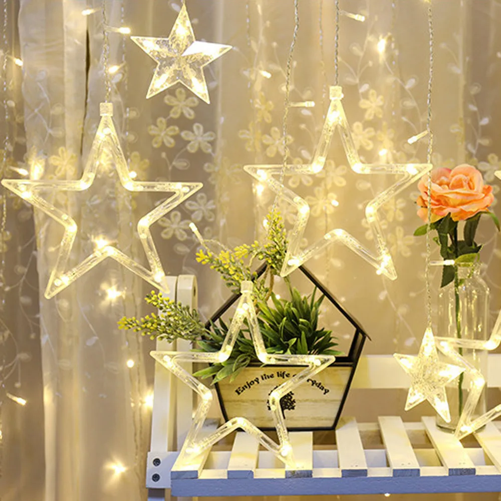 LED Stars Christmas Hanging Curtain Lights String Xmas Home Party Home Dec，138pcs mini led light &12 pcs star light