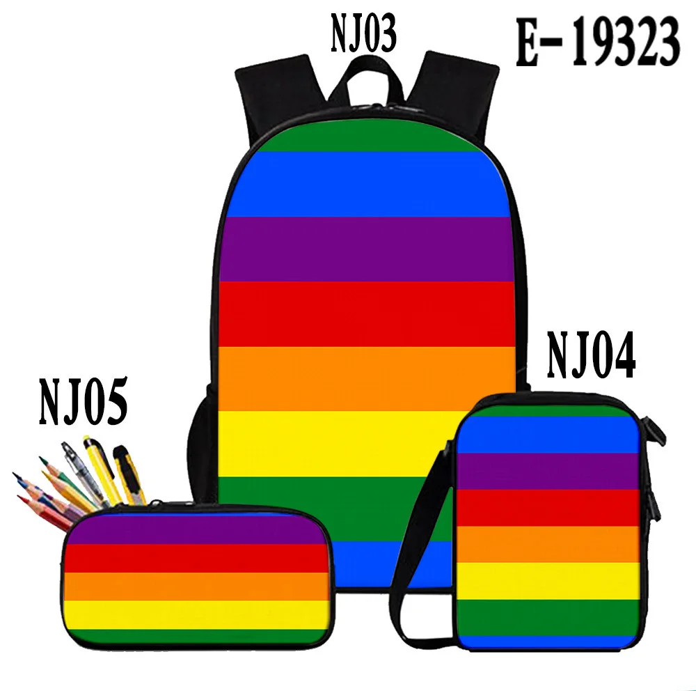 Cartoon Novelty Colourful LGBT 3D Print 3pcs/Set pupil School Bags Laptop Daypack Backpack Inclined shoulder bag Pencil Case