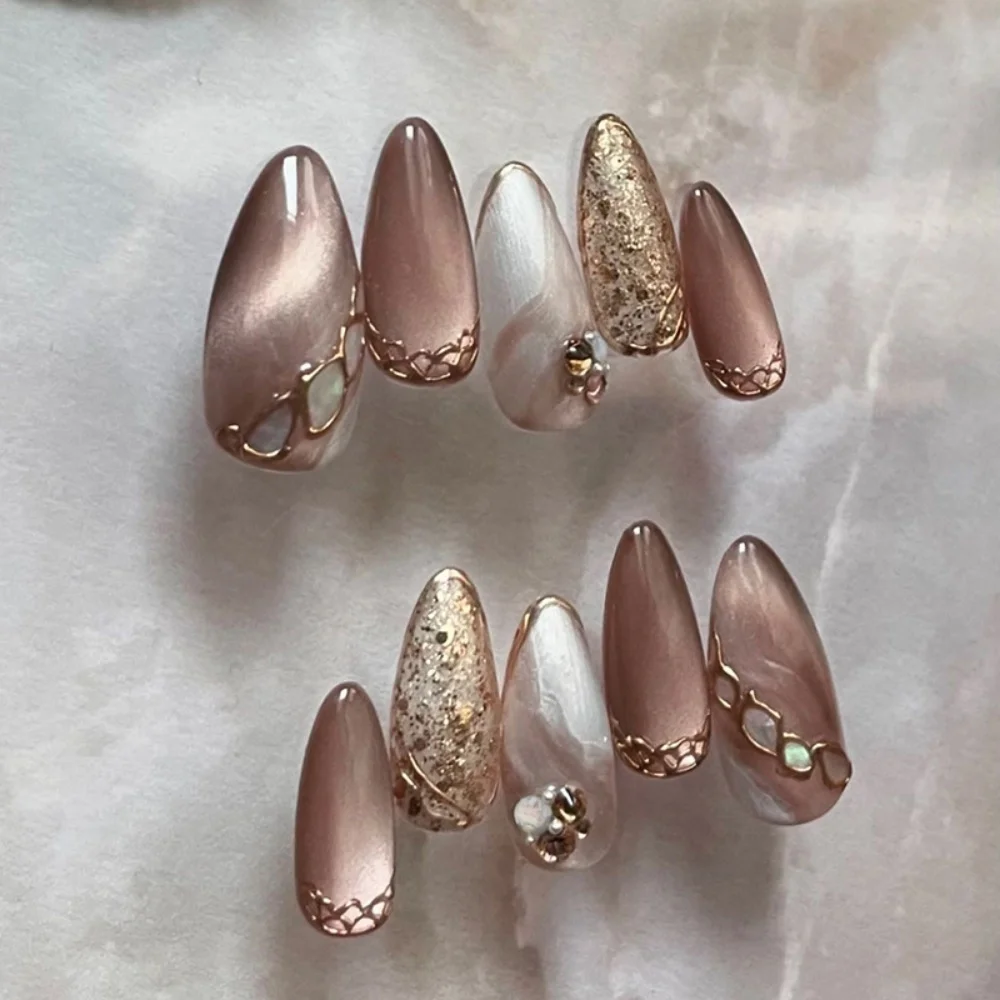 

24pcs Brown Gradient Fake Nails Tips Wearable Cat's Eye Almond Press on Nails with Glitter Design Short False Nail Sets Reusable
