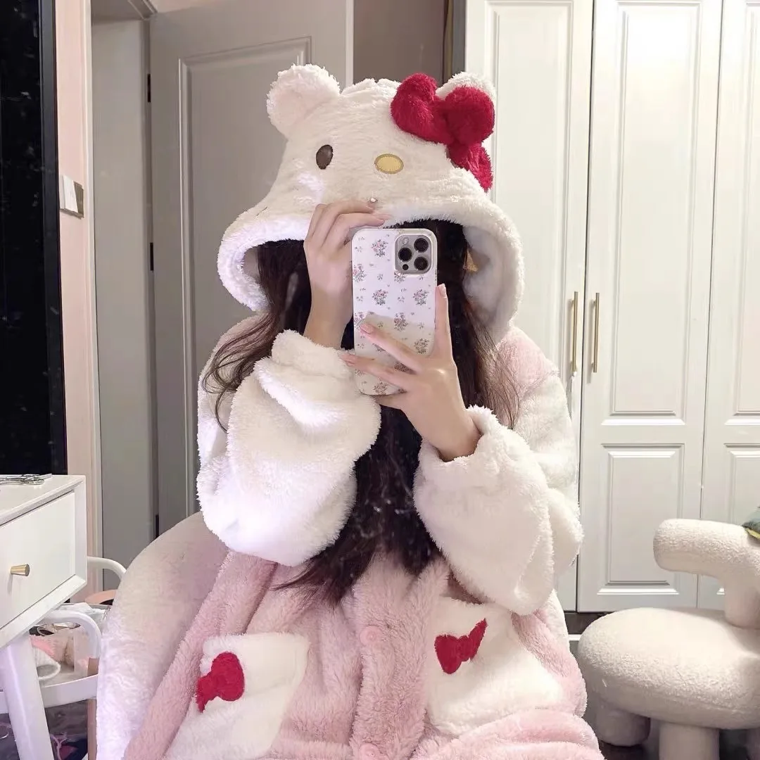 

Kawaii Sanrio Hello Kitty Pajamas Coral Velvet Women's Thickened Winter Robe Students Home Clothes Two Piece Set Sleepwear Gifts