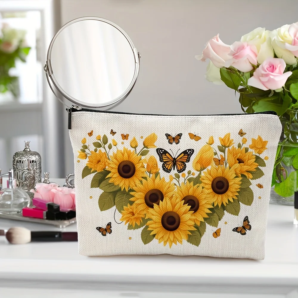 Sunflower & Butterfly Cosmetic Bag - Versatile Toiletry Organizer - Ideal Friendship/Valentine\'s Day Gift - Secure Zip Closure