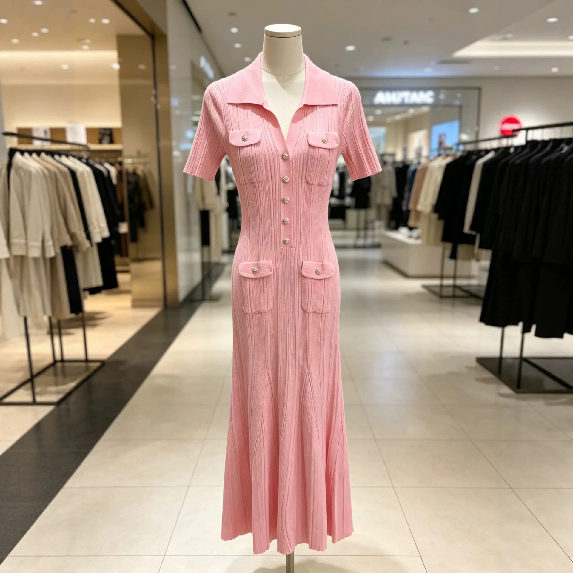 Französisches Kurzarm-Strickkleid mit Schlankem Schnitt und Elegantem POLO-Kragen