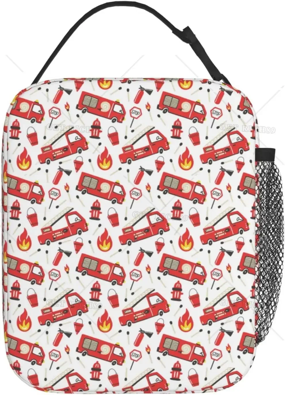 Cartoon Cars Firefighter Fire Truck Insulated Lunch Bag Reusable Portable Lunch Box for Women Men Office Travel Meal Tote Bag