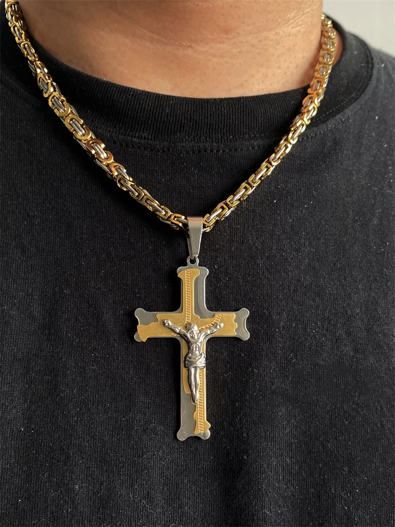 RAKOL Cross Jesus Crucifixion Necklace For Men Women Gold Silver Black Color Stainless Steel Byzanine Chain Crucifix Pendant