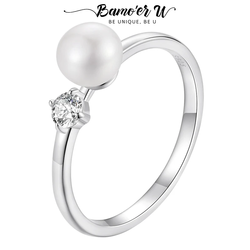 Bamoer U Moissanite Ring Freshwater Pearl Band Ring Original for Women Delicate Engagement Gift Mother's Day D Color VVS1 EX