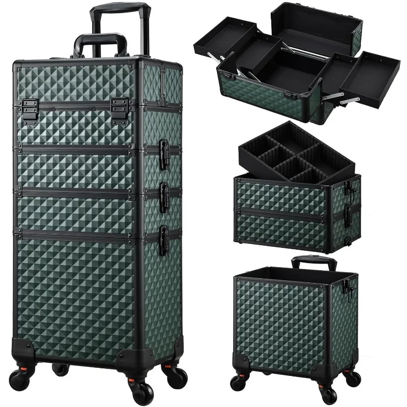 Rolling Makeup Train Case Large Storage Cosmetic Trolley 4 in 1 Large Capacity Trolley Makeup Travel Case with Key Swivel Wheels