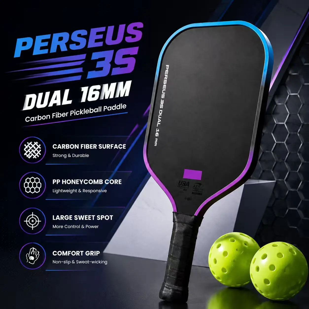 BEN JOHNS PERSEUS 3S Dual Pickleball Paddle 16mm T700 Carbon Fiber Textured Surface Polymer Honeycomb Core Large Sweet Spot