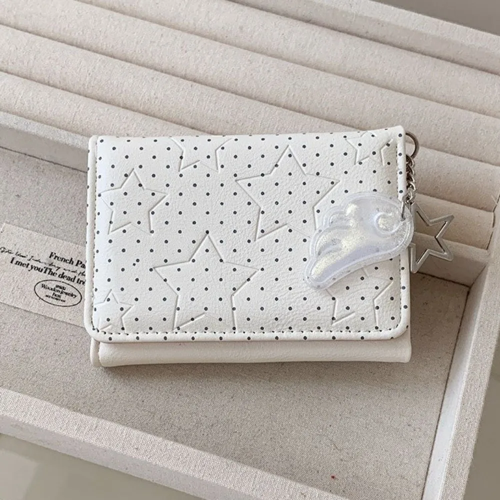 Simple PU Leather Polka Dot Trifold Wallet Lightweight Star Wing Pendant Coin Purse ID Window 5 Card Slots Mini Wallet Women