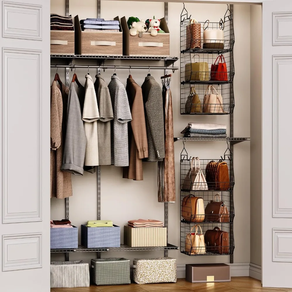 

6 Tier Closet Hanging Organizer, Clothes Shelves with 4 Hanging Hooks, 5 S Hooks,for Clothing Sweaters Shoes Handbags