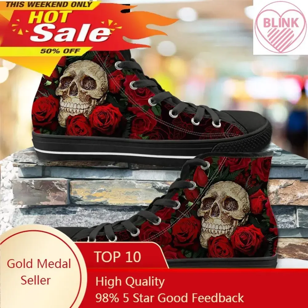 Classic High Top Canvas Shoes Sugar Rose Flower Skull Print Men's Vulcanized Shoes Punk Style Footwear Zapatos Mujer