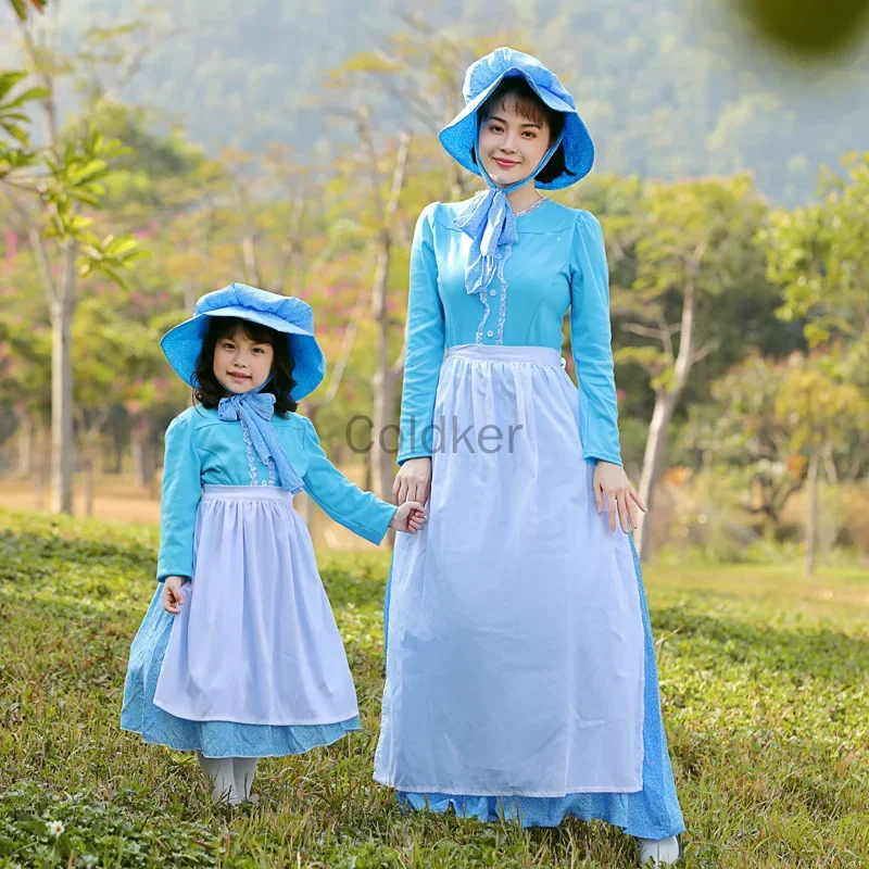 Light Blue Long-sleeved Polka-dot Dress Parent-child Outdoor Activity Clothing Pastoral Farm Picnic Maid Stage Performance Dress