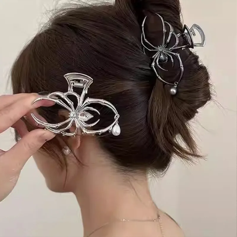 Jepit Rambut Bentuk Laba-laba Antik Halloween Baru Jepit Rambut Hiu Logam Berlian Imitasi Mutiara Aksesori Rambut untuk Alat Penata Wanita