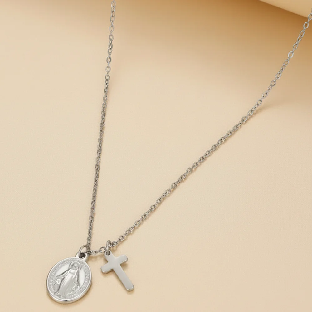 Stainless Steel Cross Virgin Mary Pendant Necklace For Women Fashionable And Unique Commuter Collar Chain Jewelry Creative Gift