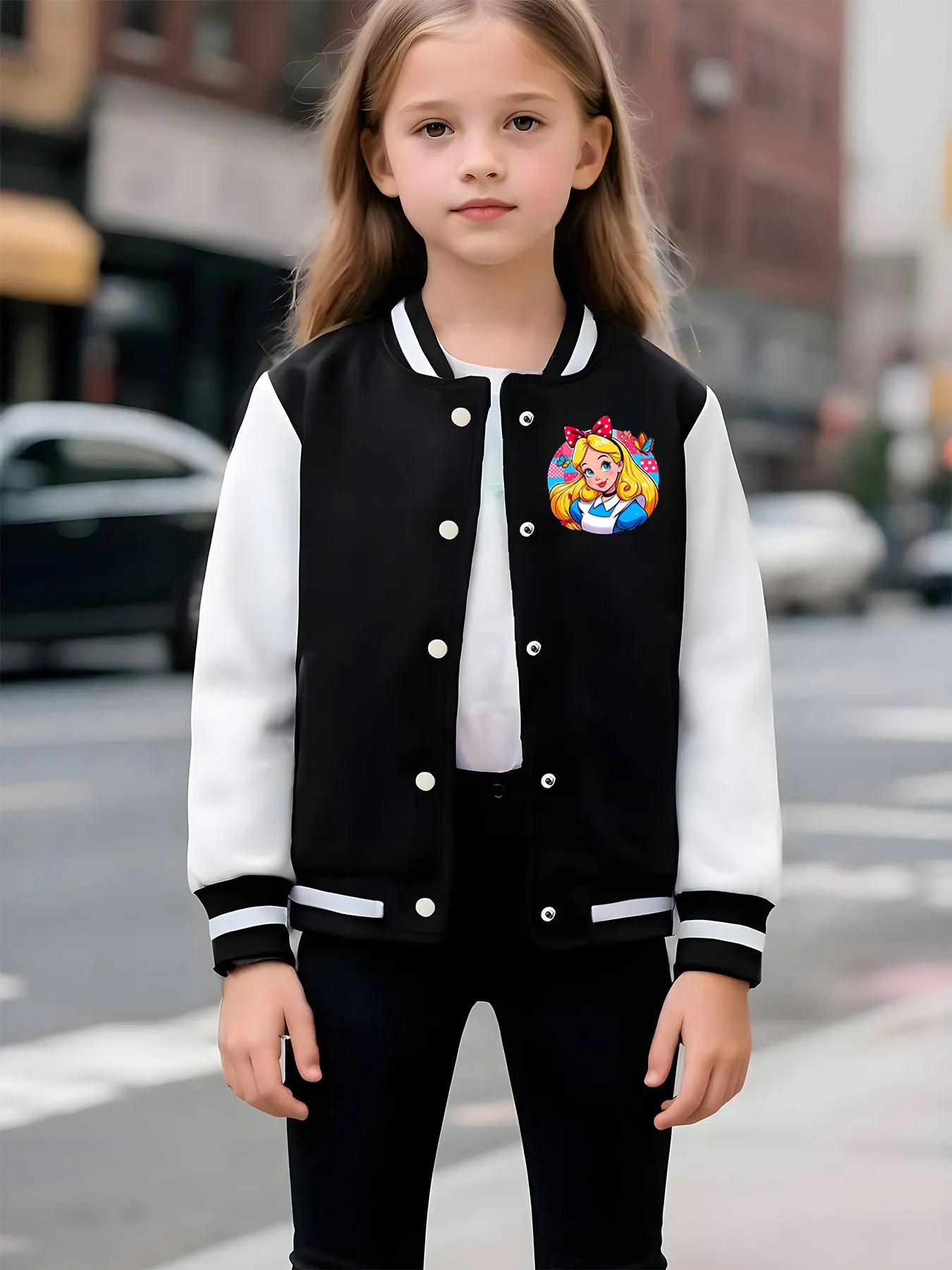 سترة بيسبول للأطفال من MINISO Disney Alice Fantasy - تم تقديم صورة أليس اللطيفة على كلا الجانبين، بخلفية حمراء #2