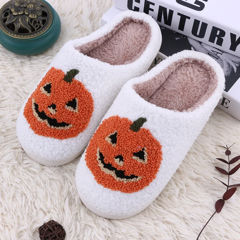 Adult Halloween Funny Bat Pattern Autumn and Winter Plush Warm Women's Cotton Slippers Pumpkin Home Non-slip Couple Slippers