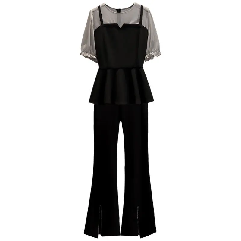 Ruffle Cut Lace Chiffon Shirt Wide Leg Trousers Two Piece Set Elegant Women's Pants Suit Sports and Leisure Suit Female Tracksui