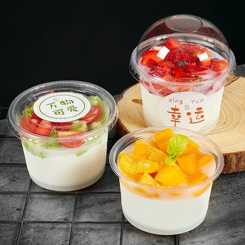 50Pcs 250ML Disposable Salad Cup Transparent Plastic Dessert Cups Bowls Container with Dome/Flat Lids for Ice Cream Cupcake