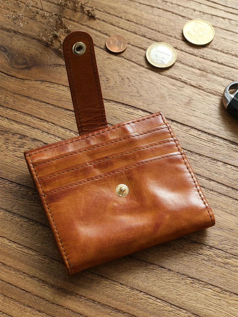 

Genuine Leather Men Small Card Holder Vegetable Tanned Full-Grain Cowhide Large Capacity Multiple Slots Ultra-Thin Short Wallet