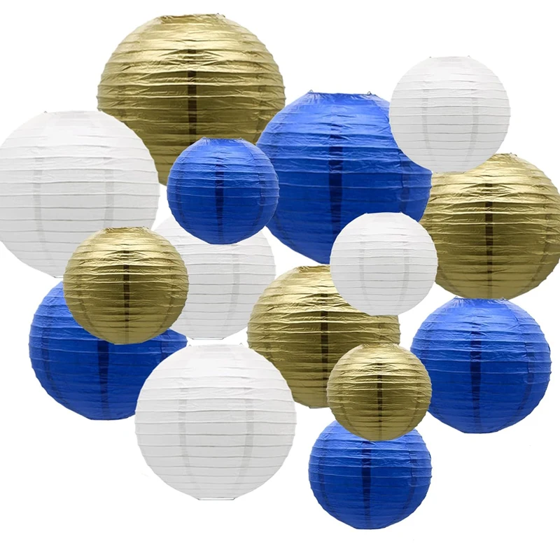 15pc Blue Gold White Hanging Paper Lantern Indoor Outdoor Wedding Graduation Retirement Bachelorette Birthday Baby Shower Party