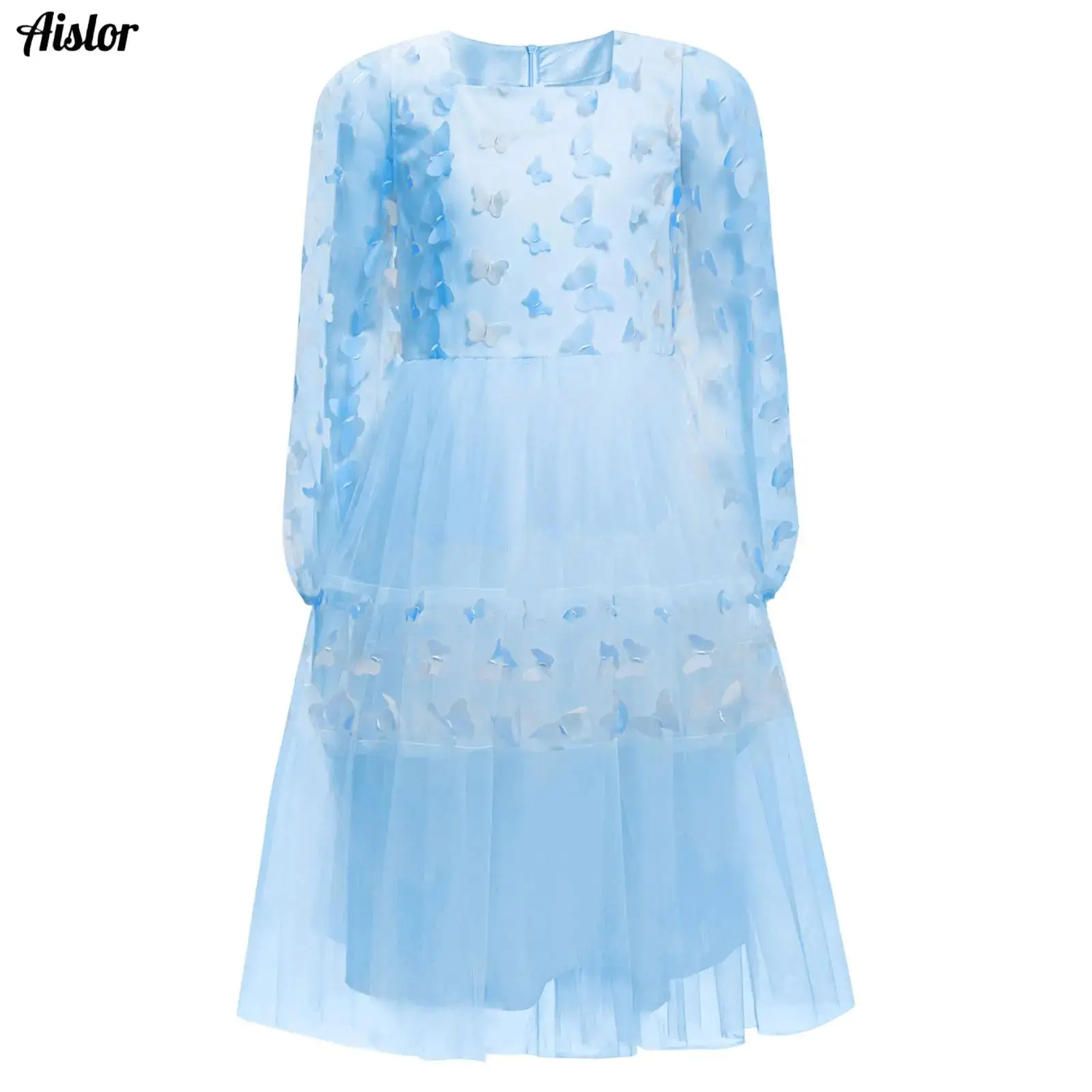 

Kids Girls Princess Dress Cute Square Neck Long Puff Sleeves Butterfly Tulle A-Line Dress for Wedding Birthday Party Beachwear