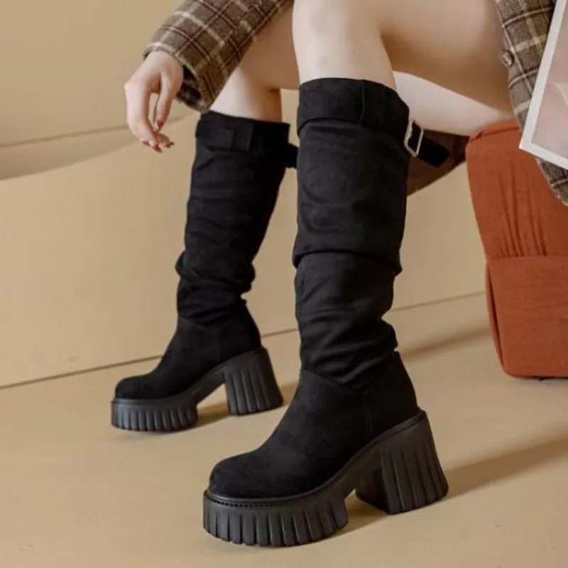 

Knee-high Zipper Women's Modern Boots Women's Shoes High Quality New Round Toe Solid English Style Fashion Casual Plus Size 40