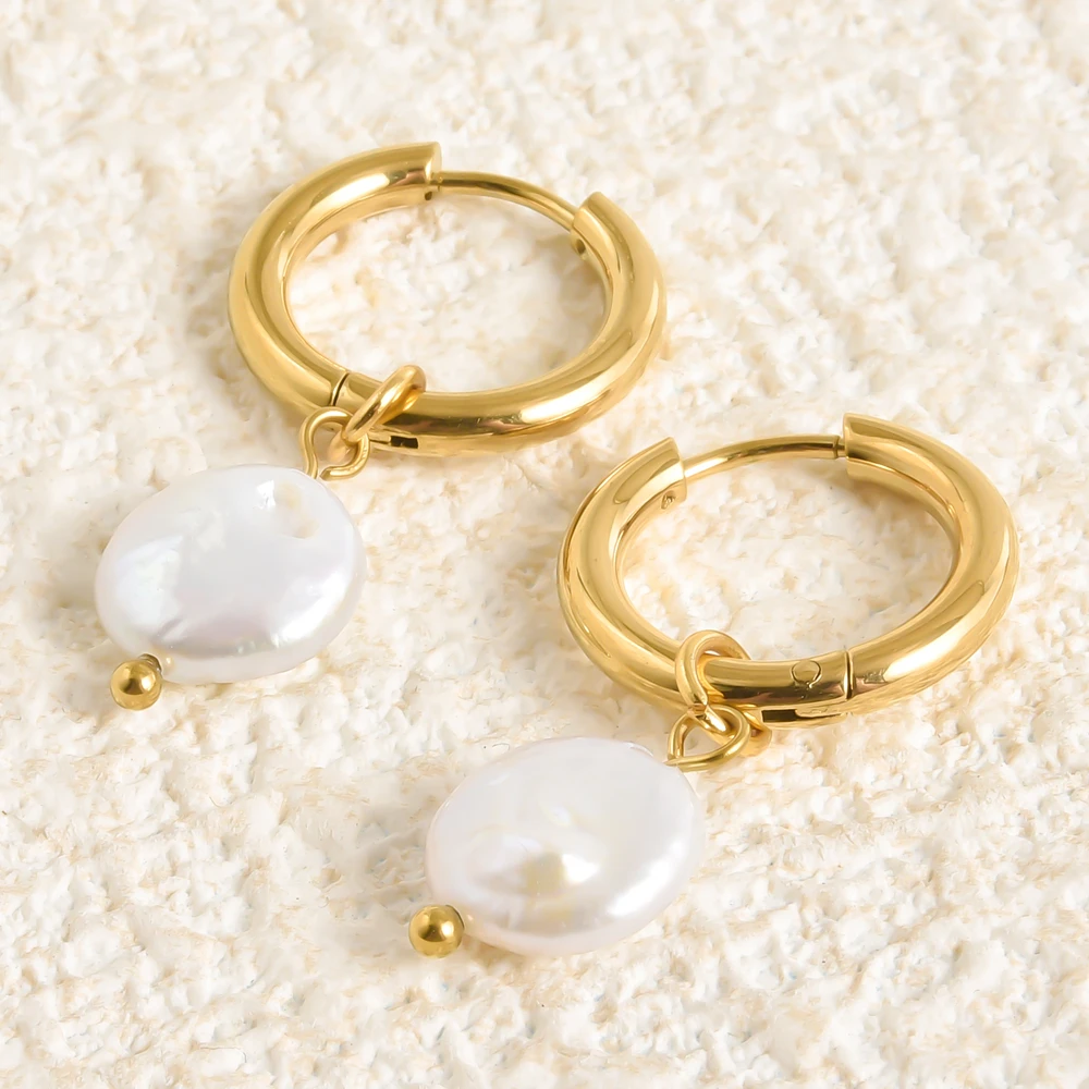 Irregular Flat Round Natural Pearl Necklace & Hoops Earrings Set