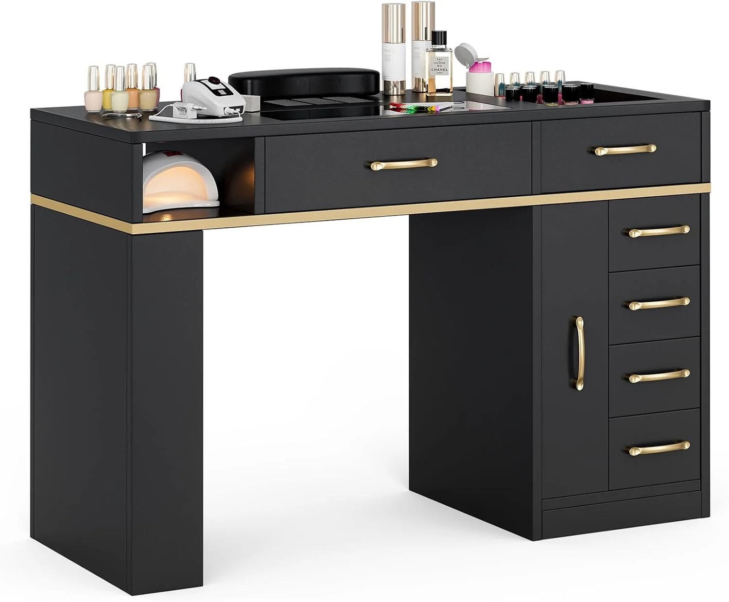 Customizable Glass-top Manicure Table Nail Table with Dust Collector & Storage Professional Salon Furniture Manicure Table