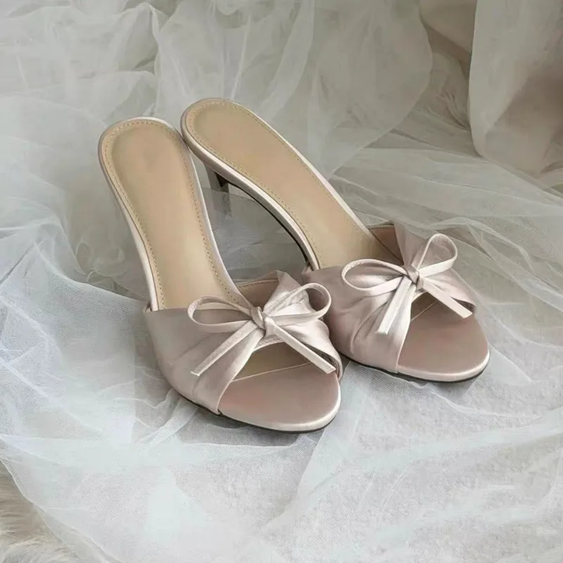 

French Satin Pleated Bow High Heel Sandals Women's Outside Wear 2026 Summer New Pink Sexy Slim Heel Mopping