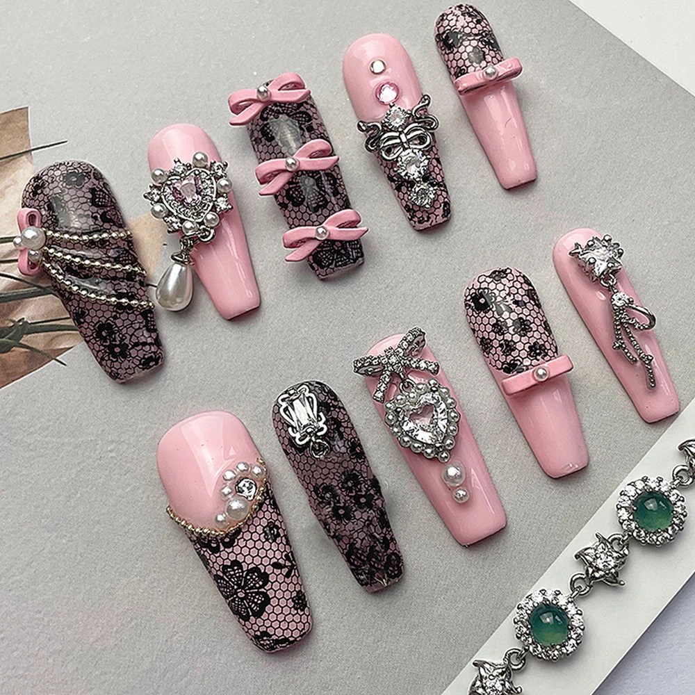 Spicy Girl Style Handmade Full Cover Long Stiletto Coffin Fake Nails Metal Bow Diamond False Nail Jadeite Bracelet Manicure Set