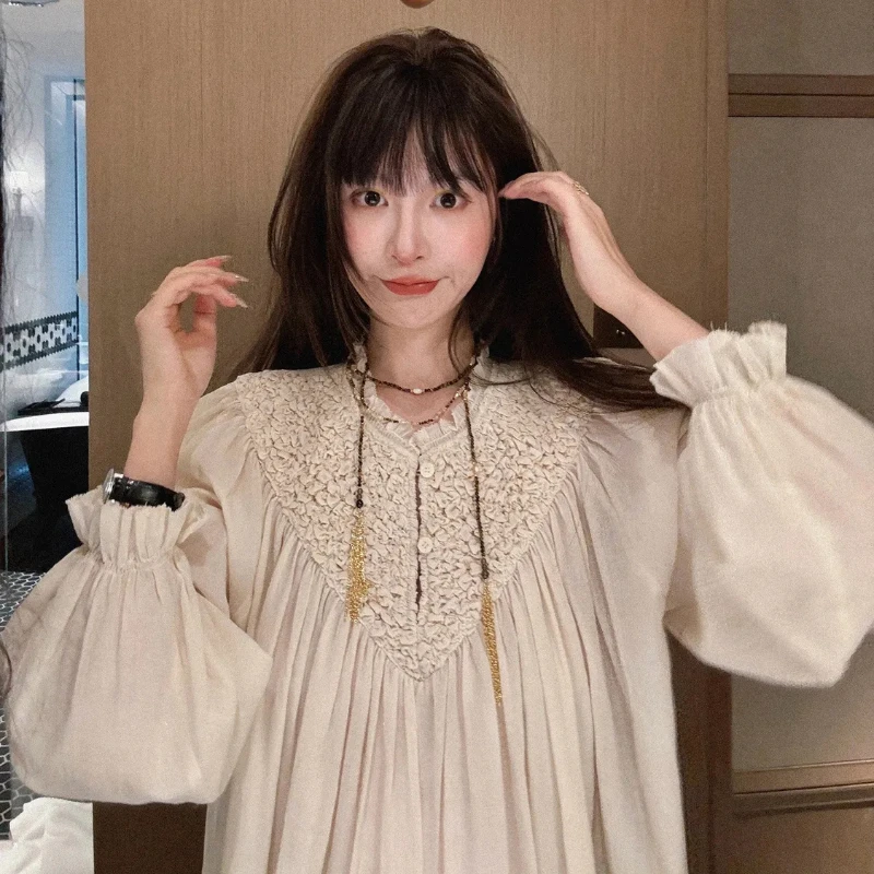 

Весенние рубашки 202, женские японские элегантные складки, свободные топы с длинными рукавами, офисные женские повседневные однотонные прозрачные блузки