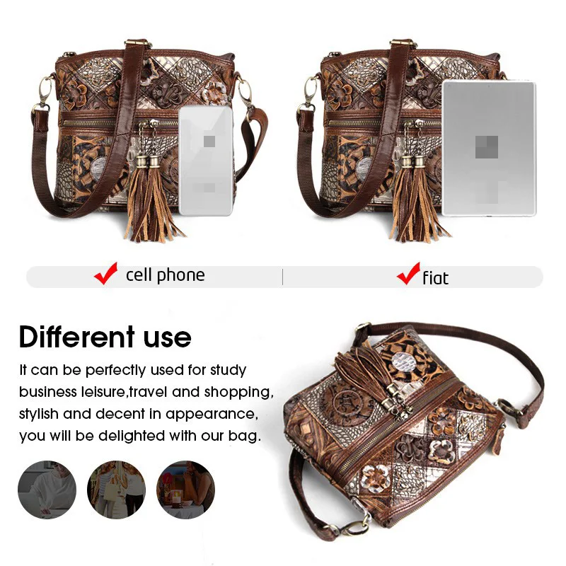 Women Leather Bag Designer Brand Bohemian Crossbody Bags Genuine Leather Retro Luxury Shoulder Lady Tassels Bags Ethnic Style