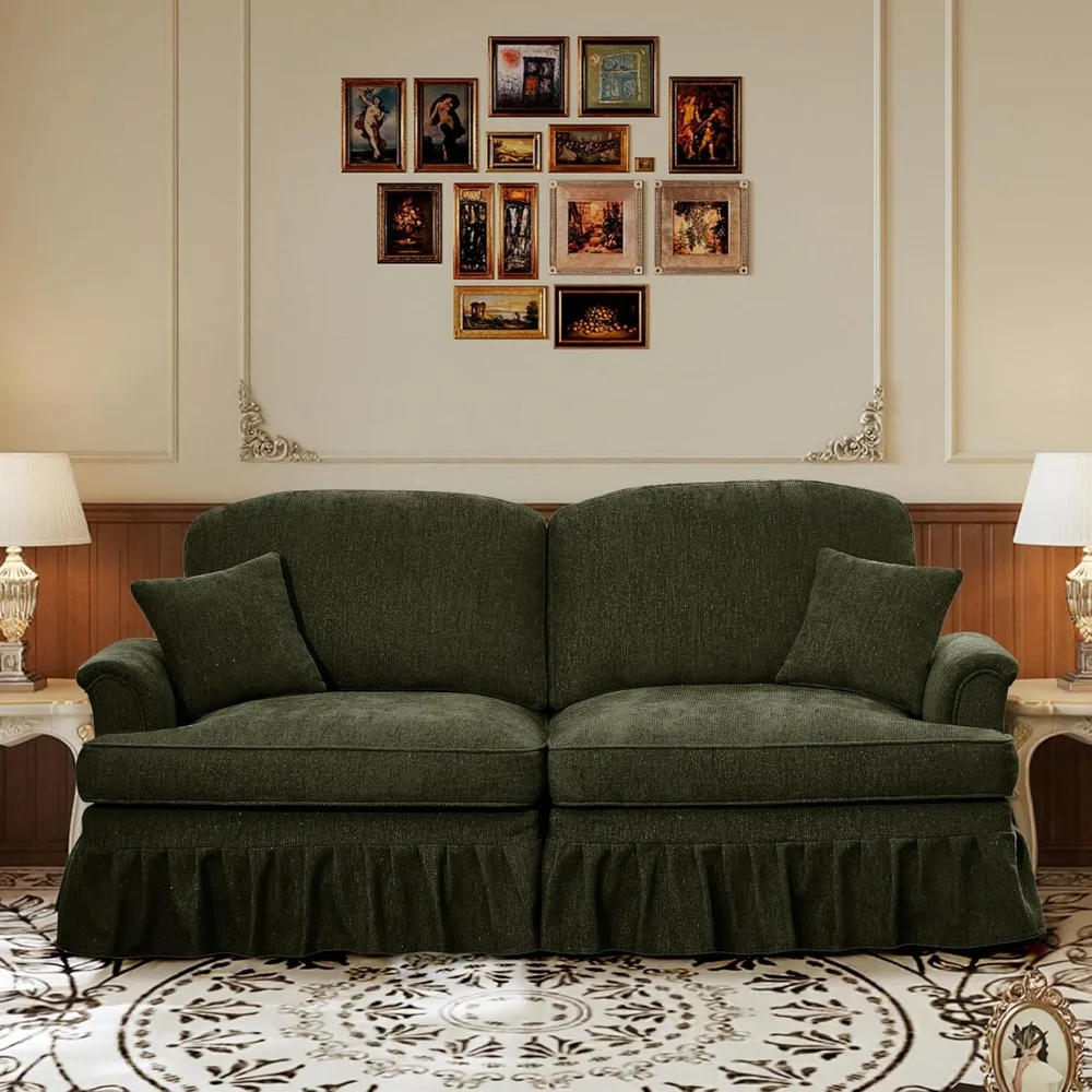 

76-inch Chenille Two-seater Sofa, Traditional Style, with A Removable Ruffled Skirt, Flared Armrests and Spindle Legs