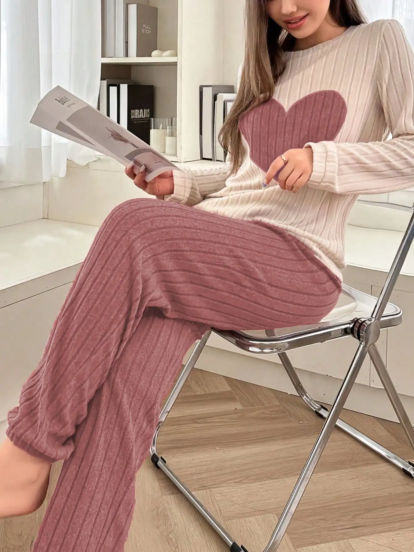 Cozy 100% Polyester Striped Pajama Set for Women, Long Sleeve Love Heart Top & Trousers, Casual Nightwear