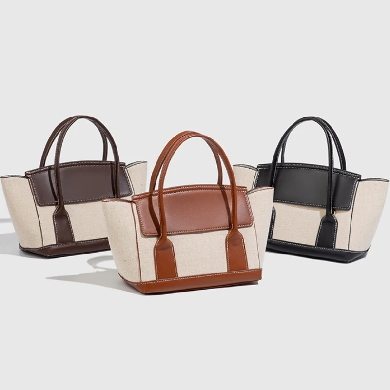 New Vintage Canvas Spliced Pu Leather Tote Handbag for Women Design Fashion Urban Minimalist Style Suitable for Daily Commuting