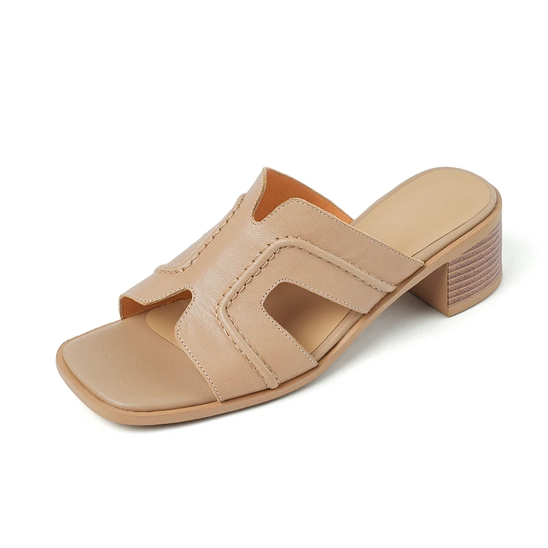 

Сандалии премиум-класса из овечьей кожи, женская минималистичная обувь на массивном каблуке 5 см с открытым носком и строчкой, светло-бежевого и коричневого цвета