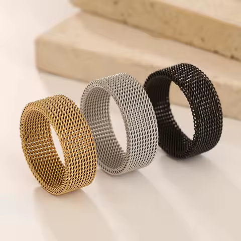 Euro-American Men's Modern Stainless Steel gold black color Mesh Band Ring 8mm Wide For Men product image