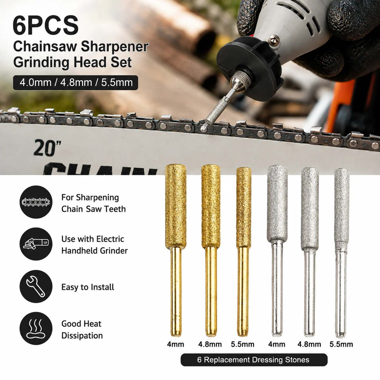 6PCS Electric file grinding wheel grinding head set 4.0/4.8/5.5 mm diamond grinding wheel 3 mm handle saw chain teeth