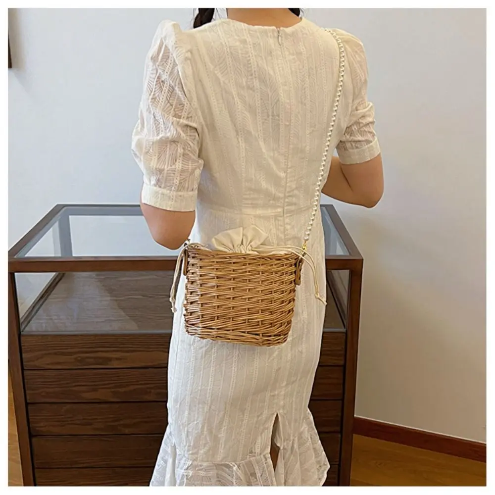 Handmade Straw Handbag Fashion Rattan Woven Large Capacity Straw Crossbody Bag Bead String Shopping Basket Women Girl